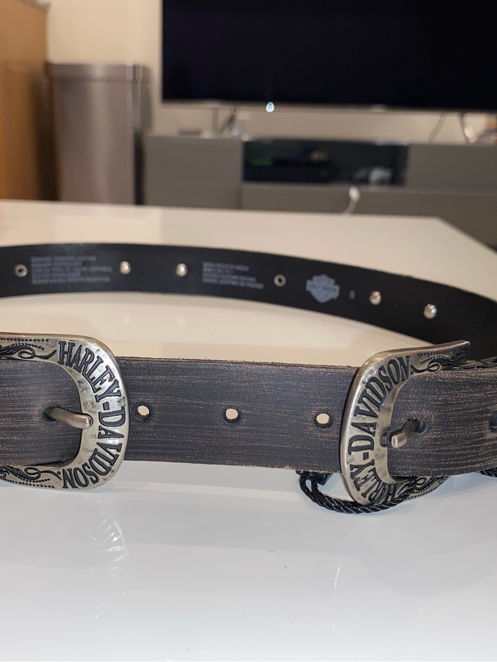 Harley-Davidson Black and Brown Distressed Leather Belt with Branded Buckles
